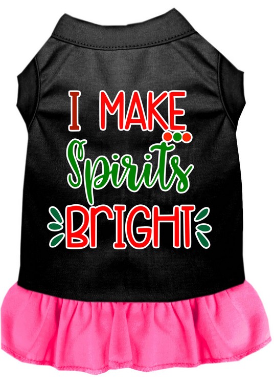 I Make Spirits Bright Screen Print Dog Dress Black with Bright Pink Sm